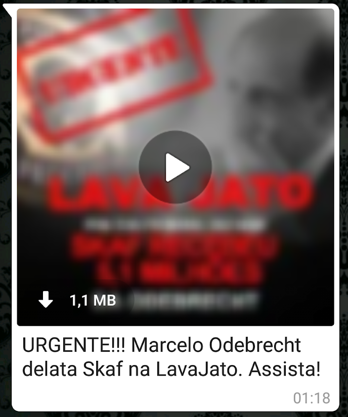 Print Screen de mensagem que contém um vídeo com o título: URGENTE!!! Marcelo Odebrecht delata Skaf na LavaJato. Assista!